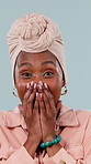Face, black woman and surprise in studio for wow emoji, winner announcement and alarm of news. Portrait, shock and african person with omg reaction for discount, deal and giveaway on blue background