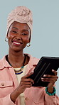 Face, happy and black woman with tablet for online research or schedule on a studio background. Portrait, female person or user scrolling with smile on technology for network connection or app