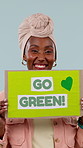 Face, recycle and black woman with poster for eco friendly development on a studio background. Portrait, happy activist or female person with smile, billboard or go green sign for earth day campaign