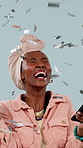Celebration, confetti and phone with black woman in studio for achievement or competition winner. App, fist pump ad glitter with excited person on white background for bonus, milestone or target