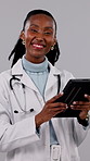 Face, doctor and woman on tablet in studio for medical service, patient report and telehealth. Happy, portrait and African person on tech for research, website and healthcare on white background