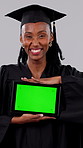Face, graduation and woman with tablet, green screen and smile with mockup space for education. Tech, graduate and happy black person with display for academic success on white background in studio