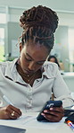 Business, woman and writing with phone for finance, company budget or expenses in office. Female person, employee or checking invoice with smartphone app for tax assessment or financial compliance