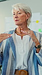 Design, explain and management with business woman in office for coaching or training workshop. Feedback, presentation and review with mature employee in creative workplace for planning or strategy
