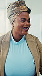 Business, laughing and management with black woman in office for coaching or training workshop. Feedback, presentation and review with happy employee in creative workplace for planning or strategy