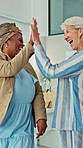 Business, high five and woman dance, happy or excited for goal achievement with team in workplace. Smile, celebration and worker moving with energy for success, promotion or career reward in office