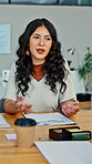 Meeting, talking and woman in office with idea proposal, event planning and progress update. Business, female person and speaking in agency for venue coordination, strategy or creative insight