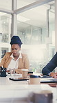 Meeting, planning or woman writing notes in office with accounting team, review or financial strategy. Feedback, notebook and people with budget list, investment agenda or funny joke with flare