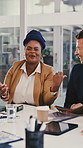 Team, meeting and laugh with woman in office for funny story, planning or smile in finance agency. Happy people, humor and speaking to employees, corporate feedback and listen to investment joke