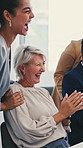 Business, team or laugh with applause in meeting for audit compliance, tax season close or support. Accounting, excited people or clap in office for quality clearance, deadline success or celebration