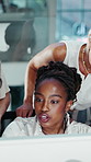 Computer, feedback and business women in office with discussion on finance report in collaboration. Technology, meeting and team of financial advisors with manager for review on investment revenue.