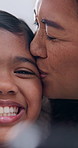 Selfie, kiss and mother with kid in home for bonding, love and family together in living room. Happy, relax and mom with girl child for photography picture with memory or social media in house.