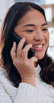 Happy, woman and conversation in house with phone call, internet connection and listen to feedback. Female person, smile and discussion in living room with digital tech, contact and hearing update.