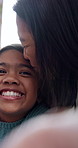 Selfie, happy and face of mother with child in home for bonding, love and family together. Kiss, relax and portrait of mom with girl kid for photography picture with memory or social media in house.