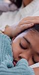 Hand, parent and child sleeping at house, comforting and parental care with fatigue on sofa. Person, consoling and tired daughter in lounge for afternoon nap, emotional support and bonding together