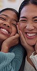Happy, face and child with mom on sofa for bonding, connection and loving relationship on weekend. Home, family and portrait of girl, mother and smile for affection, support and trust for parenting