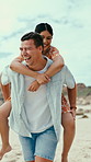 Happy, couple and running at beach with piggyback, summer holiday and bonding on romantic getaway. People, laugh and boyfriend carry girlfriend by sea with fun vacation, love and outdoor for trip.
