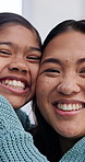 Hug, face and child with mom in home for bonding, connection and loving relationship on weekend. Happy, family and portrait of girl, mother and smile for affection, embrace and trust for parenting