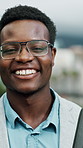 Business, face and laughing with black man in city for job opportunity or morning commute. About us, funny and travel with employee person outdoor in urban town for career ambition or development