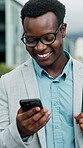 Laugh, texting and businessman in city with phone, online communication and comic post on social media. Happy, black man and employee in town with tech, funny message and meme reaction on chat app.