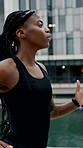 Fitness, breathe and black woman in town with running, cardio and stamina training in physical activity. Sports, exercise and athlete with jogging, wellness hobby or workout endurance in Los Angeles.
