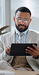 Tablet, happy and business man in office for financial report, online proposal and research for trading. Corporate, glasses and person on digital tech for finance review, investment and stock website