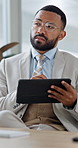 Tablet, thinking and business man in office for financial report, online proposal and research for trading. Corporate, glasses and person on digital tech for finance review, investment and planning