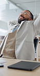 Happy, relax and business man in office with smile for productivity, finish project and complete work. Corporate, finance agency and person stretching for break, rest and done with financial tasks