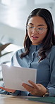 Woman, meeting and interview with resume in office for recruiting, review or upskill. Female person, recruiter or employer with CV, document or paperwork for career onboarding or hiring process