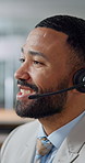 Headset, happy and business man in office for financial advice, online assistance and contact us. Corporate, call center and person in discussion for finance consulting, investment options and help