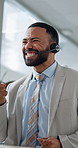 Call center, success and business man with fist pump for promotion, bonus and investment deal. Corporate, celebration and person with good news for finance consulting, winning and sales achievement