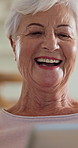 Laugh, tablet and senior woman in house with funny meme, blog or online newsletter in living room. Happy, digital technology and elderly person in retirement watching comedy video on app in home.