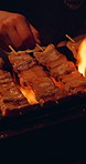 Hand, bbq and pork skewer with street food, meal prep and traditional grill at night outdoor. Barbecue, meat and person with flame for cooking, yakiton and Japanese cuisine for culinary culture