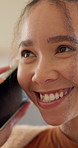 Smile, woman and student at house with phone call, discussion and feedback for study schedule. Person, mobile or contact university in lounge for enrolment, education consultation and admission chat
