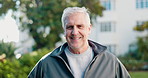 Face, old man and smile in nature for fitness, pride and exercise for health benefits. Portrait, senior person and happy outdoor for fresh air, positive attitude and retirement activity for wellness