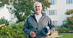 Face, old man and mat in nature for fitness, pride and exercise for health benefits. Portrait, senior person and happy in backyard with water, positive attitude and retirement pilates for wellness