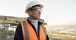 Thinking, man and construction worker on site with ideas for inspection on property development. Review, industrial project and mature civil engineer with decision for renovation, repairs or building