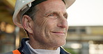 Happy, man and construction worker on site with thinking for inspection on property development. Smile, industrial project and mature civil engineer with decision for renovation, repairs or building.