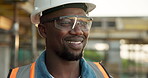 Thinking, black man and construction worker on site with ideas for inspection on property development. Happy, industrial project and civil engineer with decision for renovation, repairs or building.
