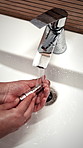 Washing, bathroom and hands of person with sex toy for hygiene, germ prevention and maintenance. Sink, home and woman with soap, water and sensual accessory for wellness, cleaning and disinfection