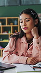 Bored, woman and college student in house with laptop, fatigue or procrastination for elearning task. Tired, gen z person or computer in home with online education, burnout and university assignment.