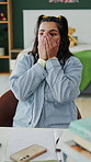 Shock, phone and student in bedroom at house with good news, education or university acceptance. Happy, omg and woman with surprise on cellphone for scholarship notification on mobile app in home.