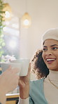 Laughing, woman and cheers with coffee in cafe for social bonding, interaction or get together. Female person, customer or friends with smile, cup or mug for caffeine, beverage or chat in restaurant