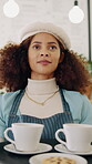 Hospitality, coffee and waitress with cookie, serving and positive attitude in restaurant. Walking, below and happy barista with warm beverage, dessert snack handover and friendly service in cafe.