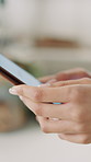 Woman, hands and typing with phone in home for social media, online connection or network. Female person, texting or smartphone for mobile chatting app, communication or browsing website in house