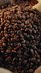 Bag, roasted and coffee beans with blend for harvest, production and seed textures for caffeine. Rustic, granules or arabica grain for manufacturing, fermentation process and rich flavor for brewing
