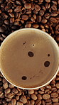 Roasted, beans and coffee with cup for harvest, production and seed textures for caffeine. Above, granules and arabica grain for manufacturing, fermentation process and premium beverage for brewing