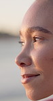 Smile, thinking and woman outdoor for vacation, peace and calm with wellness for view on adventure. Thoughts, reflection and happy person on holiday in nature with vision, sightseeing or tourism