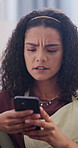 Phone, stress and woman with bad news in home, notification and financial scam with phishing link. Mobile app, disappointed and person in house with frozen account, reading email or worry for balance