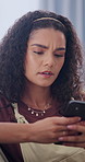 Phone, stress and woman with bad news, reading notification and financial scam with phishing link. Mobile app, confused and person in home with frozen account, spam email and worry for balance